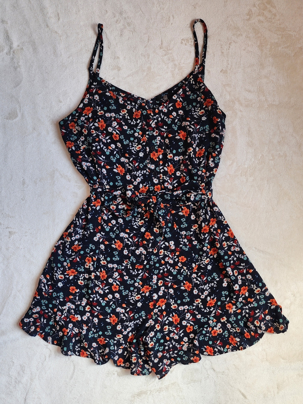 Navy Blue Sleeveless Romper with Coral and Mint Floral Print Womens Large